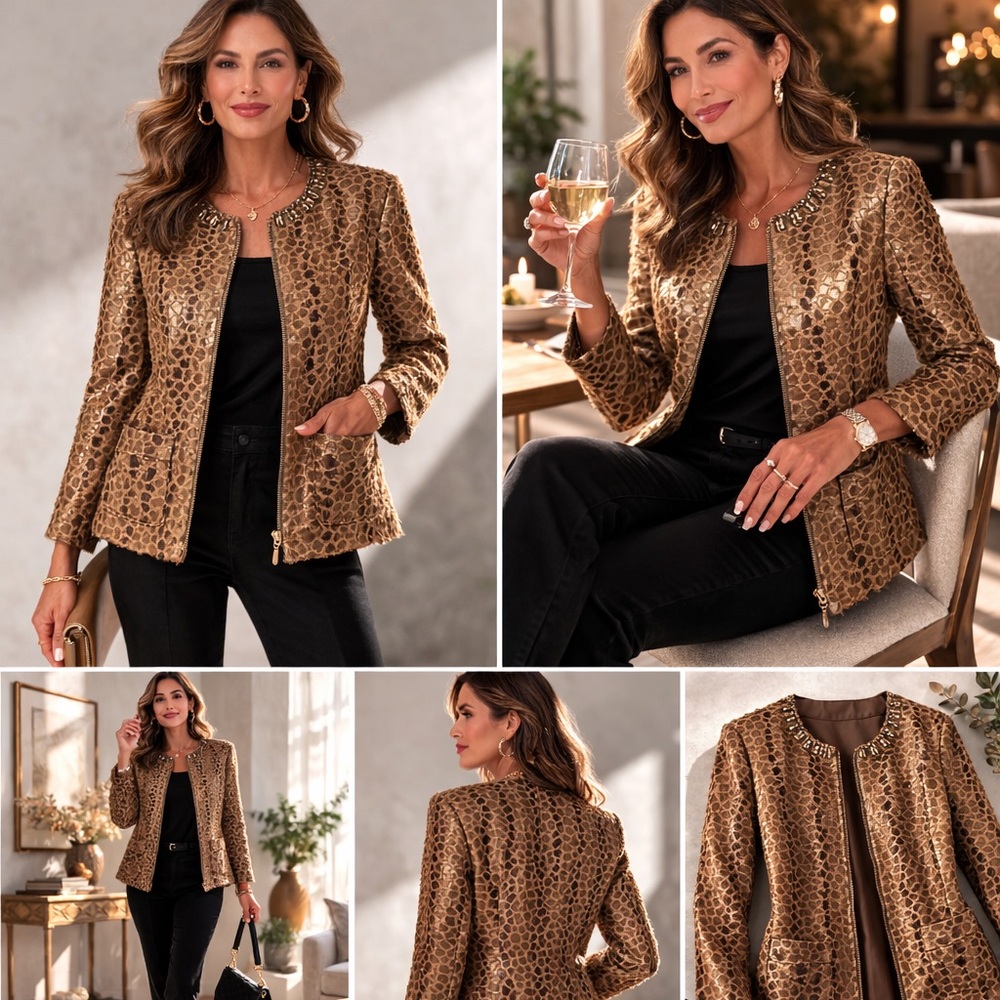 Alfred‎ Dunner Leopard Print Textured Jacket – Size 14 – Embellished Neckline